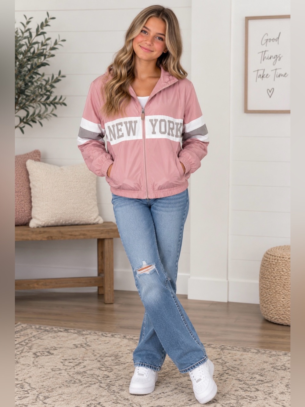 Kelly's Kids Dusty Pink Hooded Bomber Jacket with New York Graphic